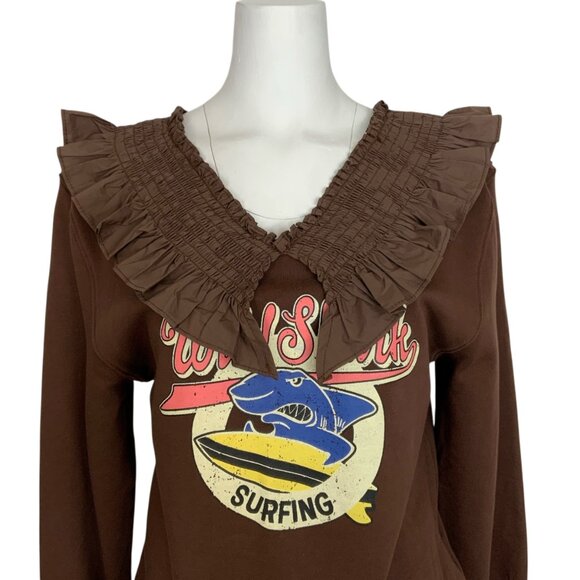Wild Shark Surfing Sweatshirt By Panduola Studio S/M Brown Long Sleeve Upcycled - Picture 7 of 12